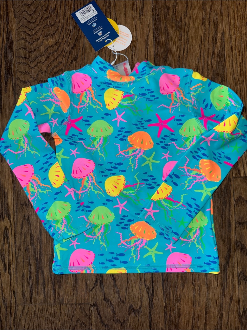 Kids Long-Sleeve Rash Guard Swim Shirt - Teal with Neon Jellyfish